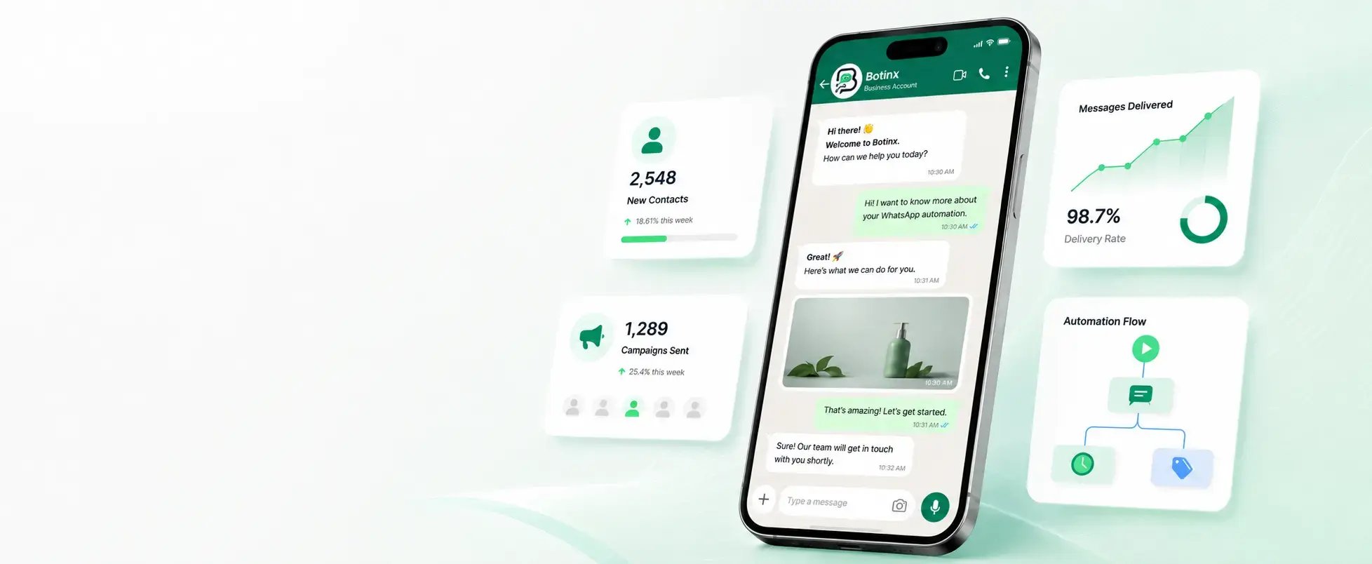 Botinx AI WhatsApp Marketing Platform showing broadcast analytics, automation flows, and shared team inbox